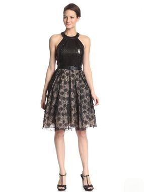 Sara Emanuel Black Sequin And Mesh Halter Dress